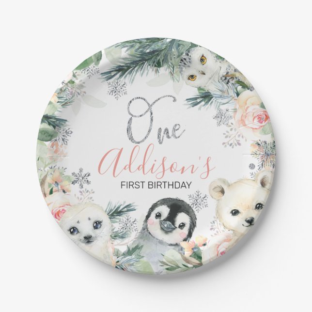 Pink Floral Winter Onederland Birthday  Paper Plate (Front)