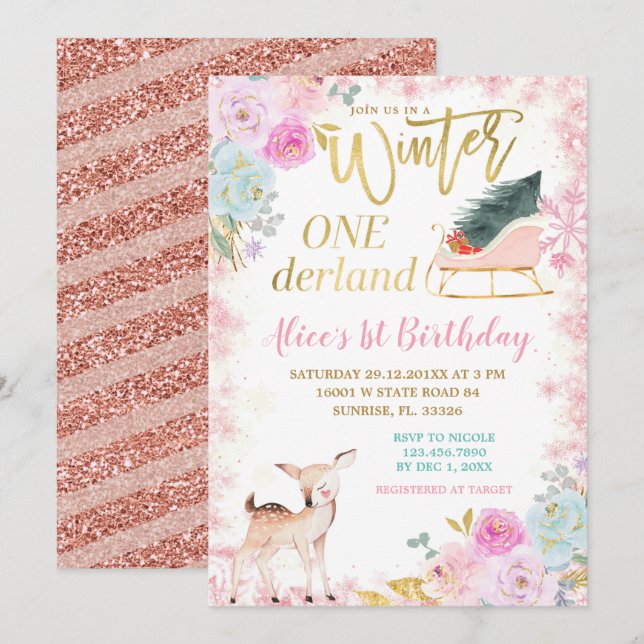 Pink Floral Winter Onederland Sleigh Birthday  Invitation (Front/Back)