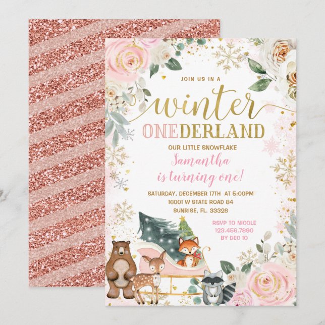 Pink Floral Winter Snowflake Sleigh Birthday  Invitation (Front/Back)