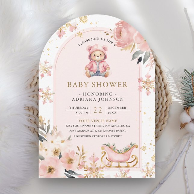 Pink Floral Winter Teddy Bear Arch Baby Shower Invitation (Creator Uploaded)