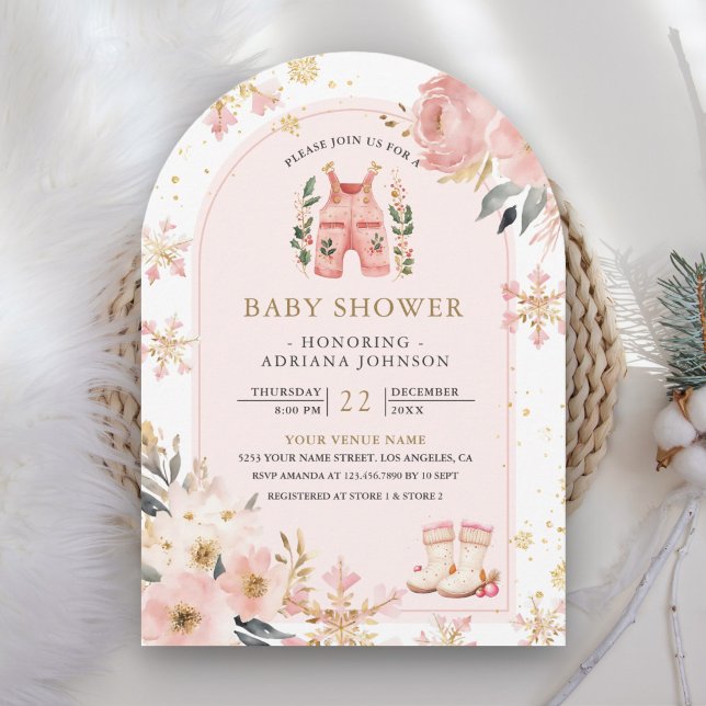 Pink Floral Winter Wonderland Arch Baby Shower Invitation (Creator Uploaded)