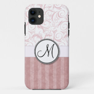 Pink Floral Wisps & Stripes with Monogram iPhone 11 Case