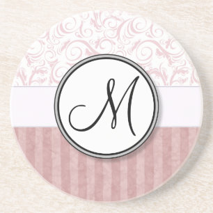 Pink Floral Wisps & Stripes with Monogram Coaster