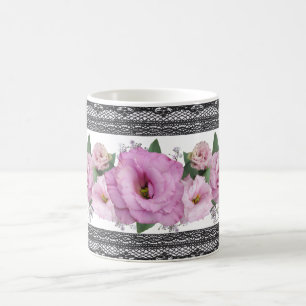 Pink Floral With Black Lace Border Coffee Mug