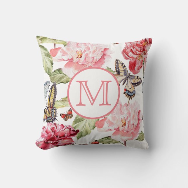 Pink Floral with Butterflies and Monogram Cushion (Front)