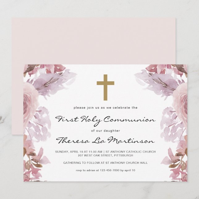 Pink Floral with Cross First Holy Communion Invitation (Front/Back)