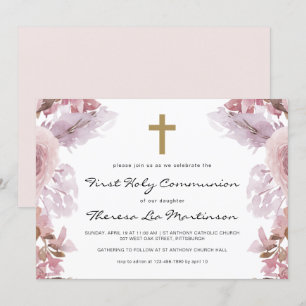 Pink Floral with Cross First Holy Communion Invitation