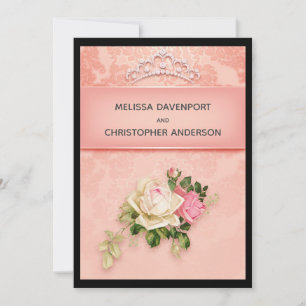 Pink floral with Diamond Tiara Elegant Wedding Inv Invitation