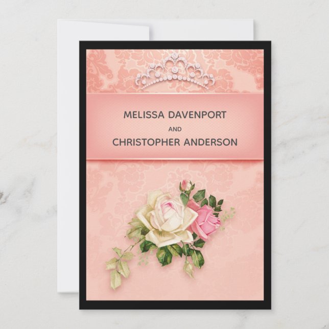 Pink floral with Diamond Tiara Elegant Wedding Inv Invitation (Front)