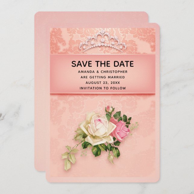 Pink floral with Diamond Tiara Elegant Wedding Save The Date (Front/Back)