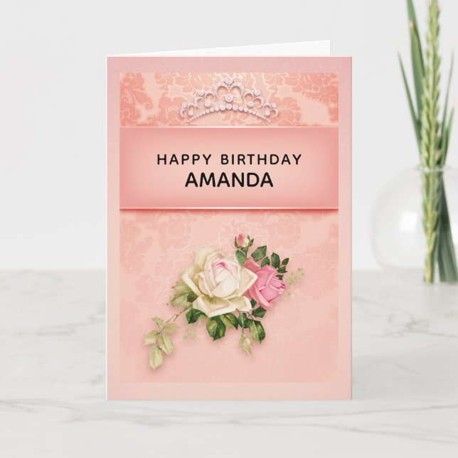 Pink floral with Diamond Tiara Princess Birthday C Card (Front)