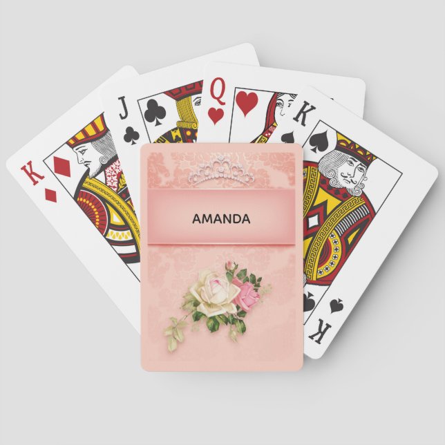 Pink floral with Diamond Tiara Princess Design Playing Cards (Back)