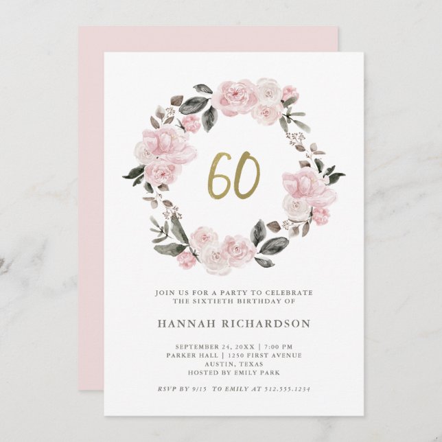 Pink Floral with Faux Gold | 60th Birthday Invitation (Front/Back)