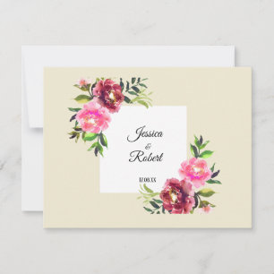 pink floral with leaf simple rustic modern wedding card