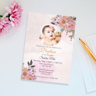 Pink Floral with Photo Baptism Invitation