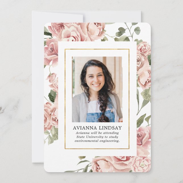 Pink Floral with Photo on Back Graduation Party Invitation (Back)
