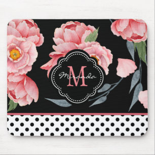 Pink Floral with Polka Dots and Monogram Mouse Mat