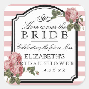 Pink Floral With Stripes Bridal Shower Favour Square Sticker
