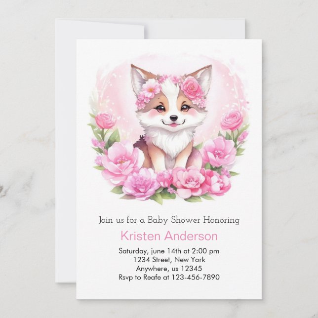 Pink Floral Wolf Magic Girl Baby Shower Invitation (Front)