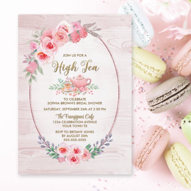 Pink Floral Wood High Tea Bridal Shower Invitation (Creator Uploaded)