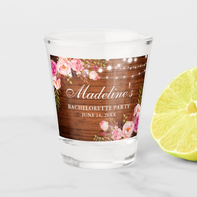 Pink Floral Wood Lights Bachelorette Party Shot Glass (Front)