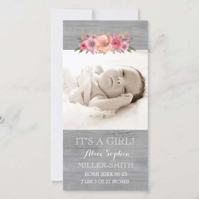 Pink Floral Wood Photo Baby Birth Announcement (Front)
