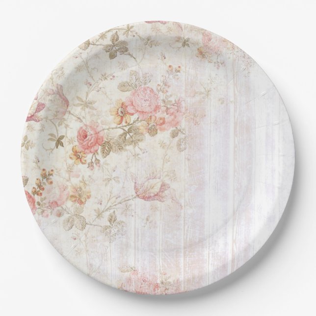 Pink Floral & Wood Shabby Chic Paper Plate (Front)