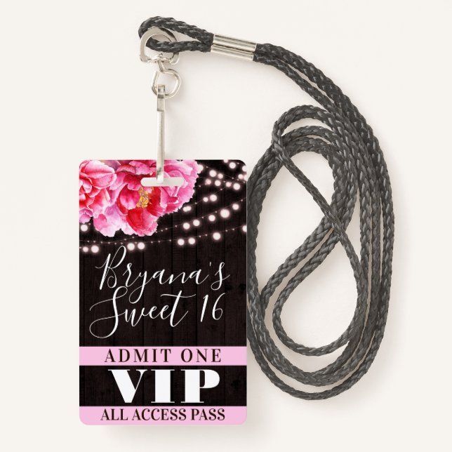 Pink Floral Wood String Lights Sweet 16 VIP Pass ID Badge (Front with Lanyard)