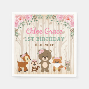 Pink Floral Woodland 1st Birthday Girl Baby Shower Napkin