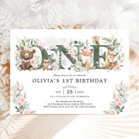 Pink Floral Woodland Animals 1st Birthday Girl