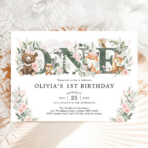 Pink Floral Woodland Animals 1st Birthday Girl Invitation