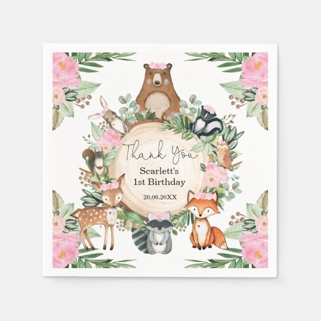 Pink Floral Woodland Animals Baby Girl Birthday Napkin (Front)