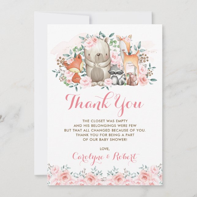 Pink Floral Woodland Animals Baby Shower Birthday Thank You Card (Front)
