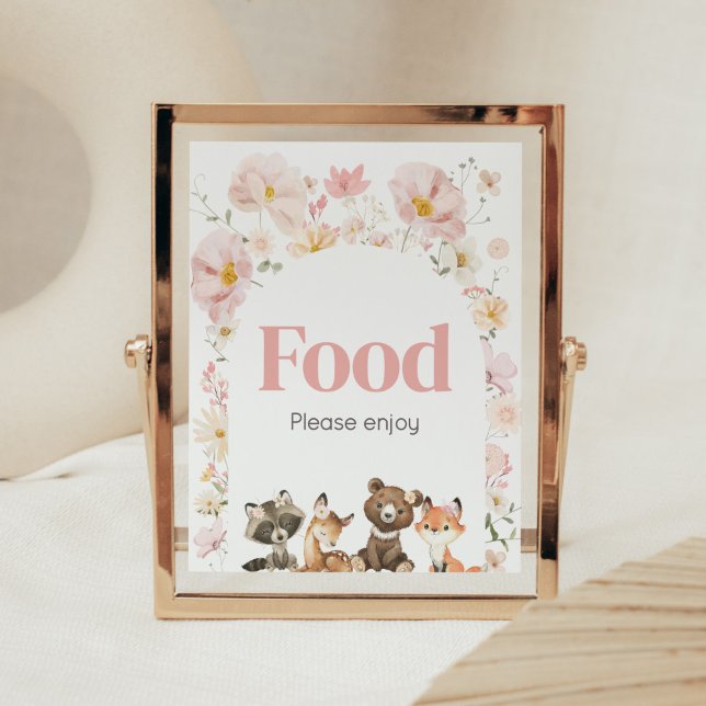 Pink Floral Woodland Animals Baby Shower Food Poster (Pink Flower Woodland Animals Baby Shower Food Sign)