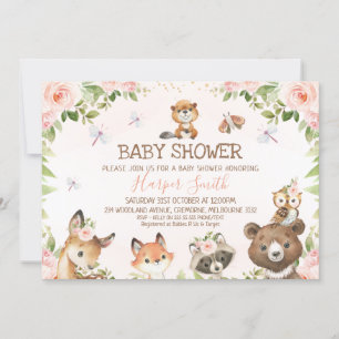 Pink Floral Woodland Animals Baby Shower Invitation