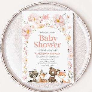 Pink Floral Woodland Animals Baby Shower Invitation