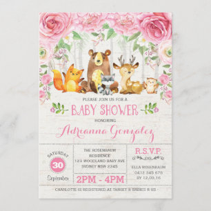 Pink Floral Woodland Animals Baby Shower Invite