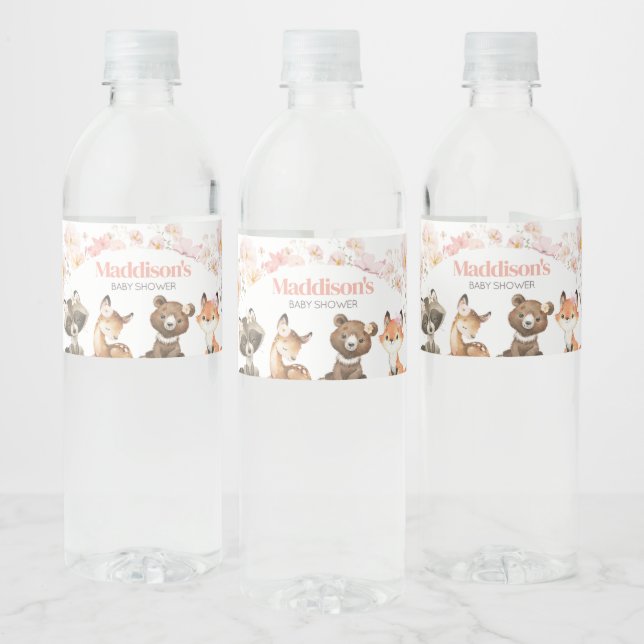 Pink Floral Woodland Animals Baby Shower Water Bottle Label (Bottles)