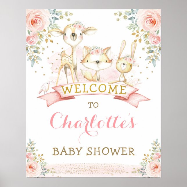 Pink Floral Woodland Animals Baby Shower Welcome Poster (Front)