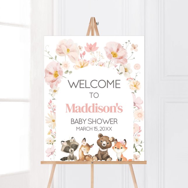 Pink Floral Woodland Animals Baby Shower Welcome Poster (Pink Flower Woodland Animals Baby Shower Welcome Sign)