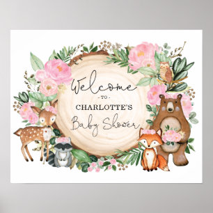 Pink Floral Woodland Animals Baby Shower Welcome Poster