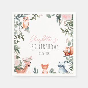 Pink Floral Woodland Animals Birthday Napkins 