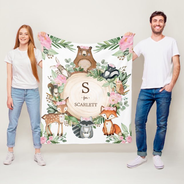 Pink Floral Woodland Animals Custom Monogram Name Fleece Blanket (In Situ)