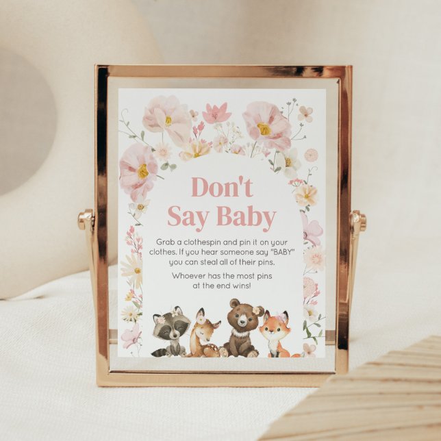 Pink Floral Woodland Animals Don't Say Baby Poster (Pink Flower Woodland Animals Baby Shower Don't Say Baby Sign)
