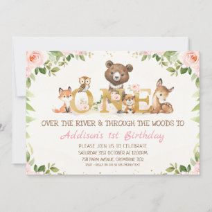 Pink Floral Woodland Animals First Birthday Invitation