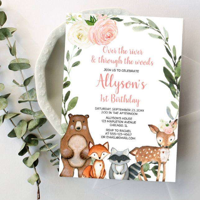 Pink floral woodland animals girl 1st birthday invitation (Creator Uploaded)