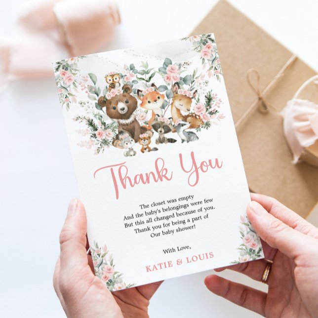 Pink Floral Woodland Animals Greenery Baby Shower Thank You Card (Creator Uploaded)