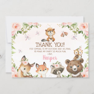 Pink Floral Woodland Animals Thank You Card