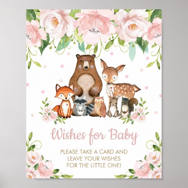 Pink Floral Woodland Animals Wishes for Baby Sign (Front)