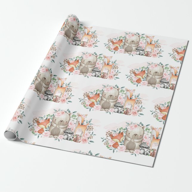 Pink Floral Woodland Baby Animals Birthday Shower Wrapping Paper (Unrolled)